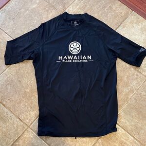 Boys Black Rash Guard Swim Shirt UPF 50 with Hawaiian islands across back